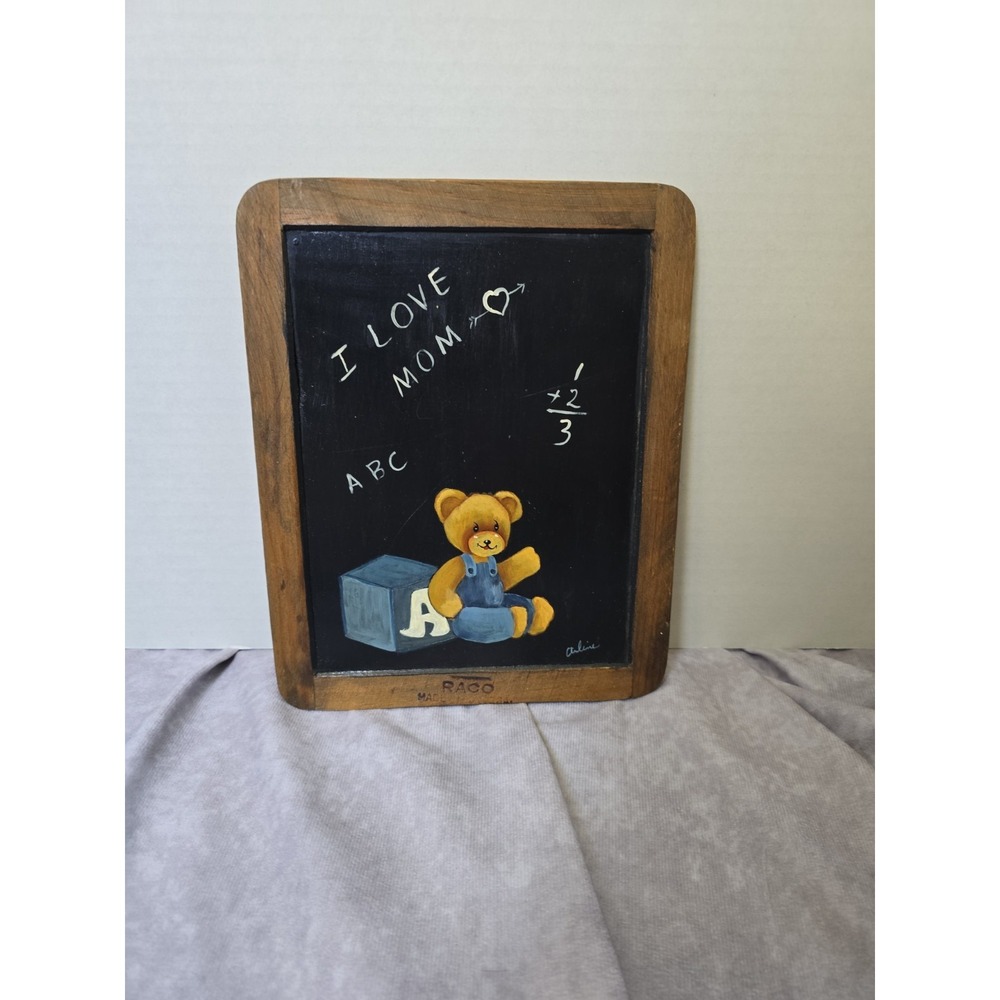 Vintage Wooden School Slate Blackboard Wall Hanging Teddy Bear Nursery Art RACO